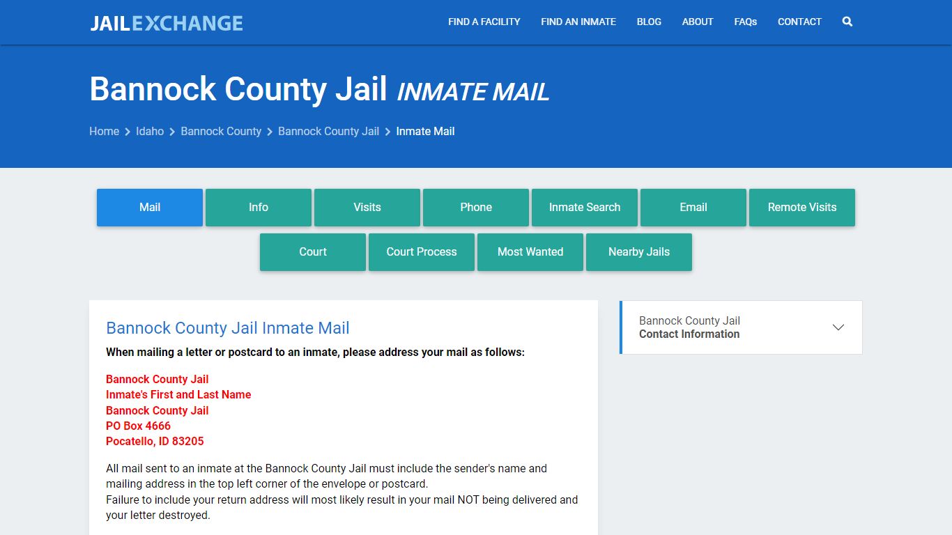 Inmate Mail - Bannock County Jail, ID - Jail Exchange